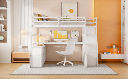Full size Loft Bed by Start2Finish with 7 drawers, 2 shelves, and built-in desk with storage in a modern bedroom setting.