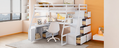 Start2Finish full size loft bed with built-in desk, 7 drawers, and 2 shelves, showcasing a space-saving bedroom furniture setup.