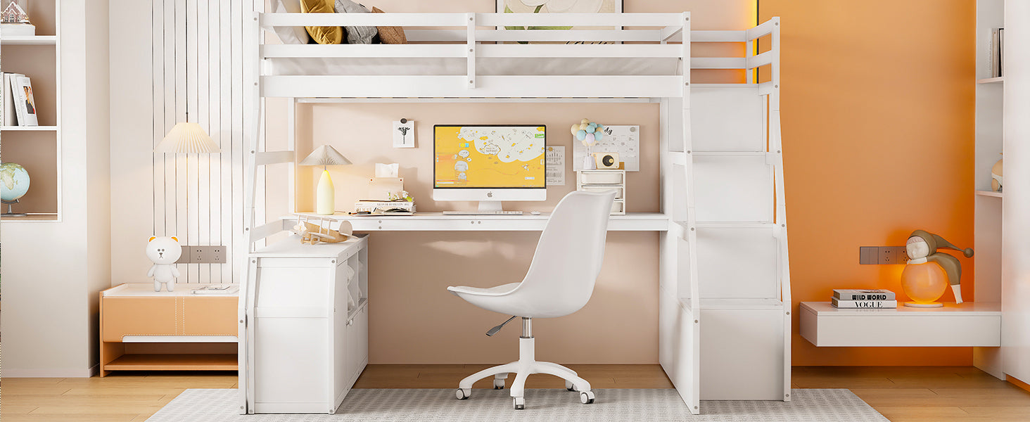 Start2Finish full size loft bed with 7 drawers, 2 shelves, and built-in desk for storage and workspace.