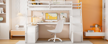 Start2Finish full size loft bed with 7 drawers, 2 shelves, and built-in desk for storage and workspace.