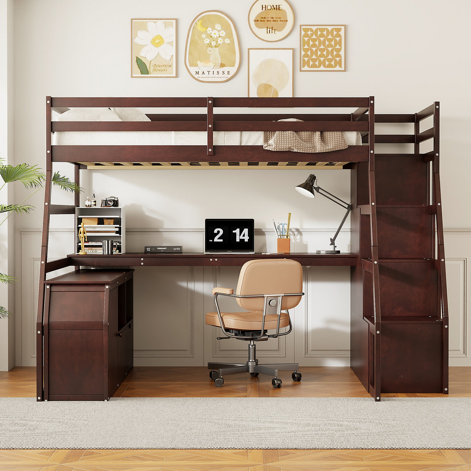 Start2Finish full size loft bed with built-in desk, 7 drawers, and 2 shelves, showcasing a modern, space-saving bedroom furniture setup.