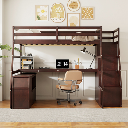 Start2Finish full size loft bed with built-in desk, 7 drawers, and 2 shelves, showcasing a modern, space-saving bedroom furniture setup.