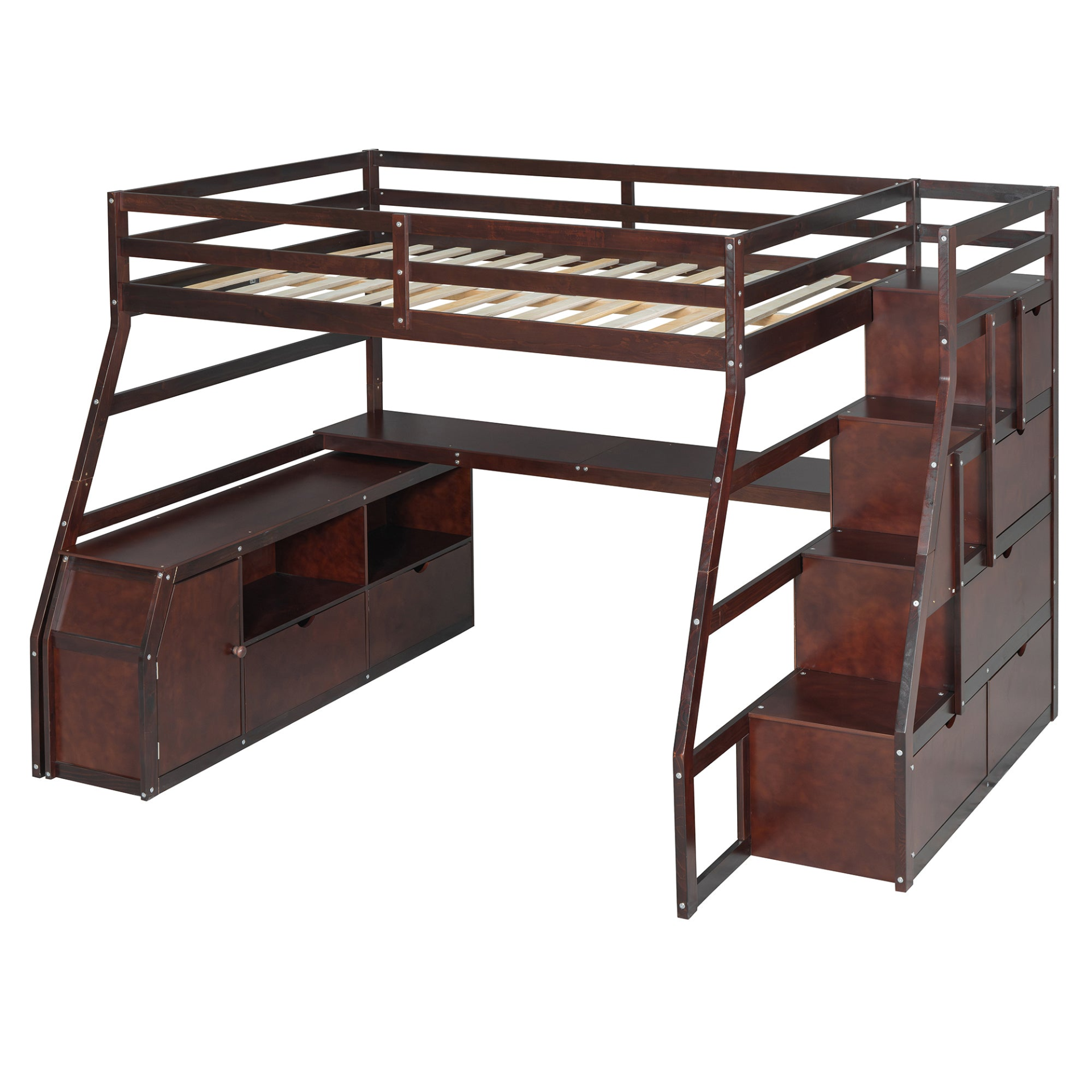 Full size loft bed by Start2Finish with built-in desk, 7 drawers, and 2 shelves, showcasing its sturdy wooden frame and integrated storage.