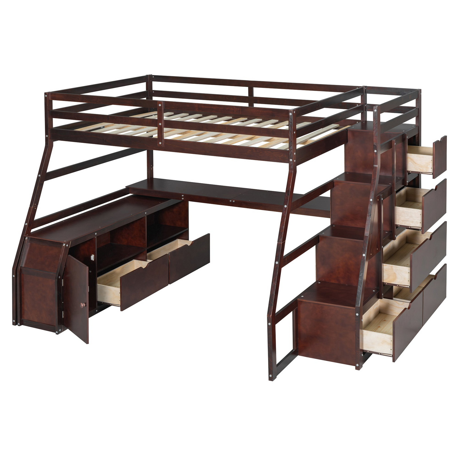 Start2Finish full size loft bed with 7 drawers, 2 shelves, and built-in desk offering integrated storage and workspace.