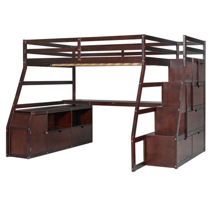 Full size loft bed by Start2Finish with built-in desk, 7 drawers, and 2 shelves, featuring a sturdy wood frame and ample storage.