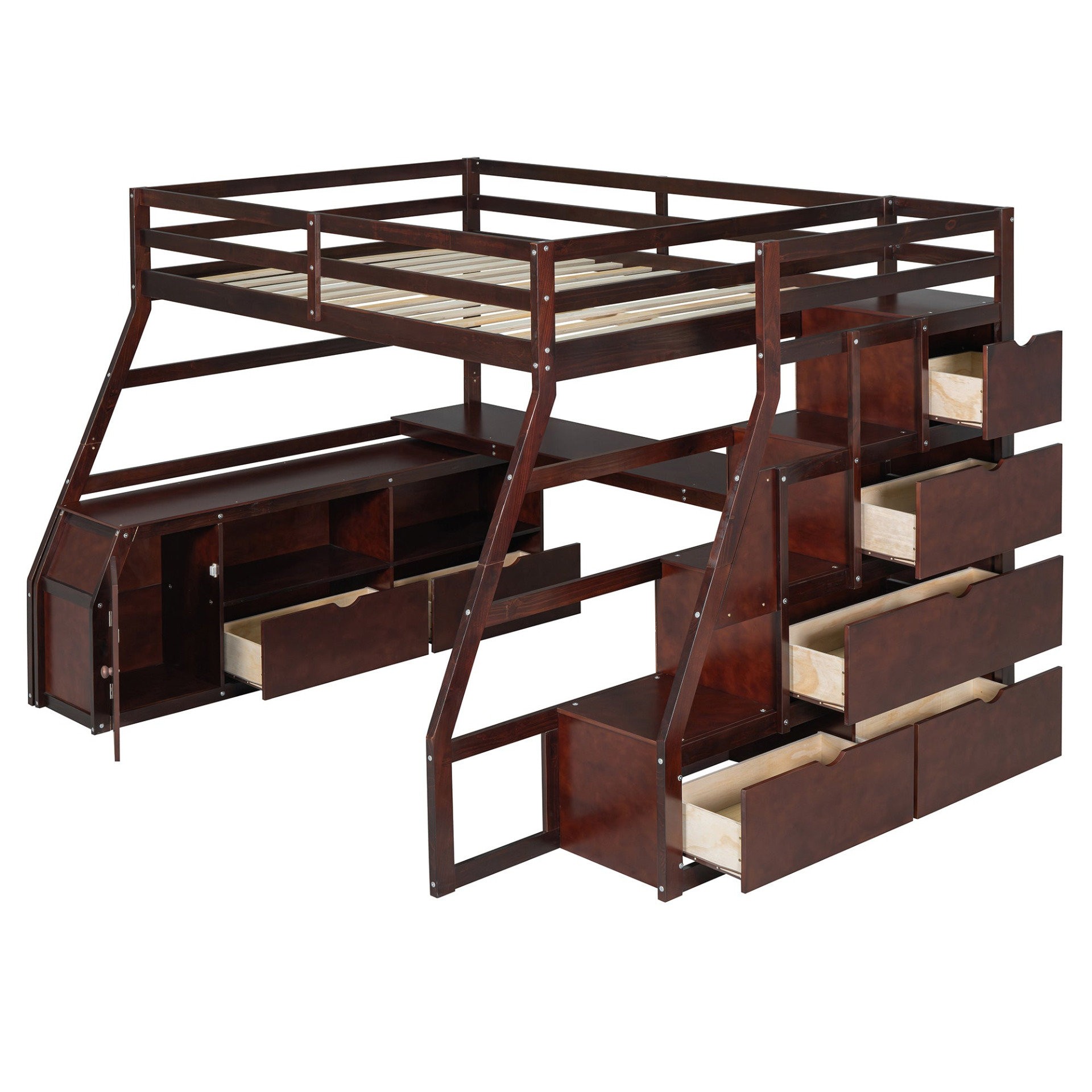 Full size Start2Finish loft bed with built-in desk, 7 drawers, and 2 shelves, showcasing its functional storage and modern design.