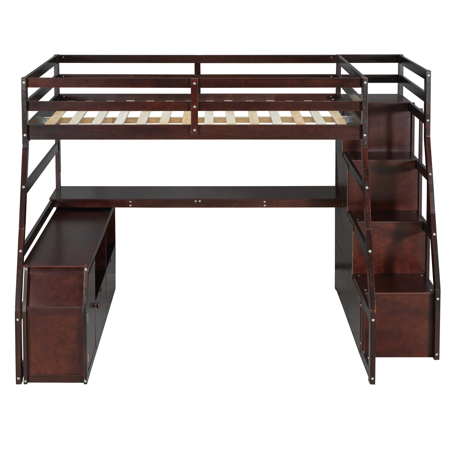 Full size loft bed by Start2Finish with built-in desk, 7 drawers, and 2 shelves for efficient bedroom storage and space saving.