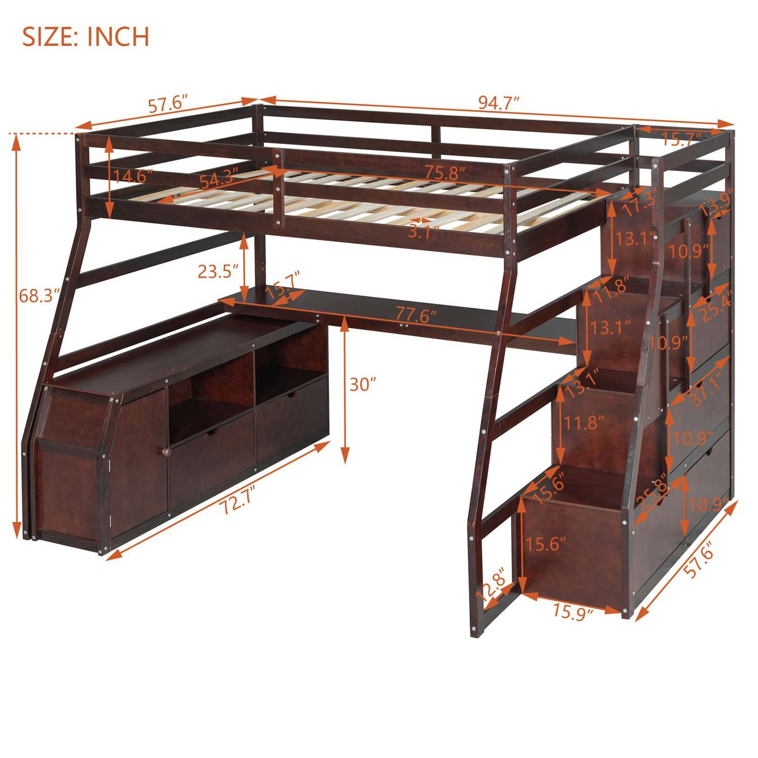 Start2Finish full size loft bed with built-in desk, 7 drawers, and 2 shelves, showcasing a modern bedroom furniture setup.