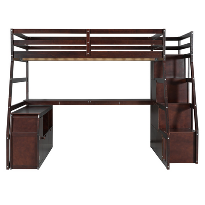 Full size Start2Finish loft bed with built-in desk, 7 drawers, and 2 shelves offering spacious storage and workspace.