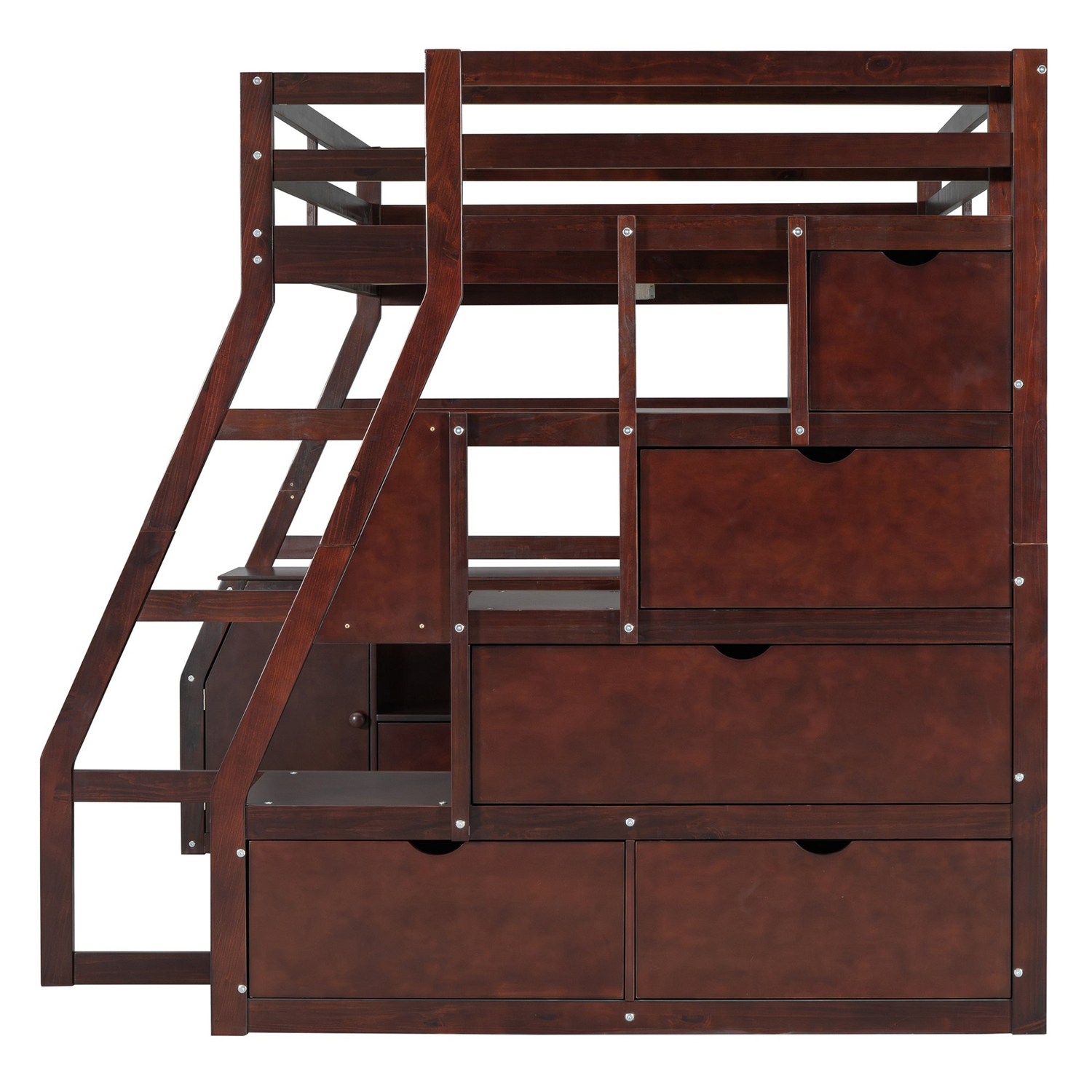 Full size Start2Finish loft bed with 7 drawers, 2 shelves, and built-in desk with storage in a modern bedroom setting.