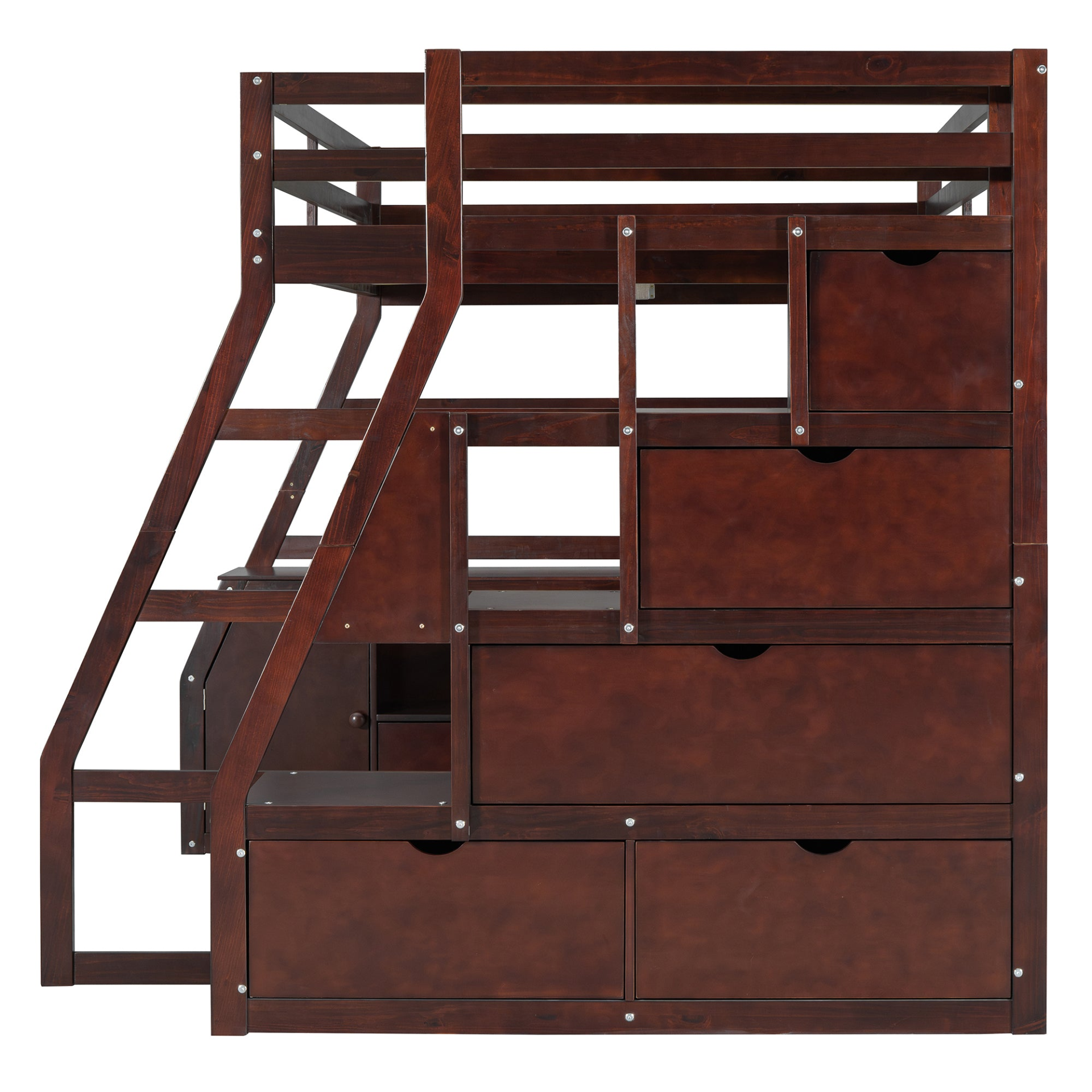 Full size Start2Finish loft bed with 7 drawers, 2 shelves, and built-in desk with storage in a modern bedroom setting.