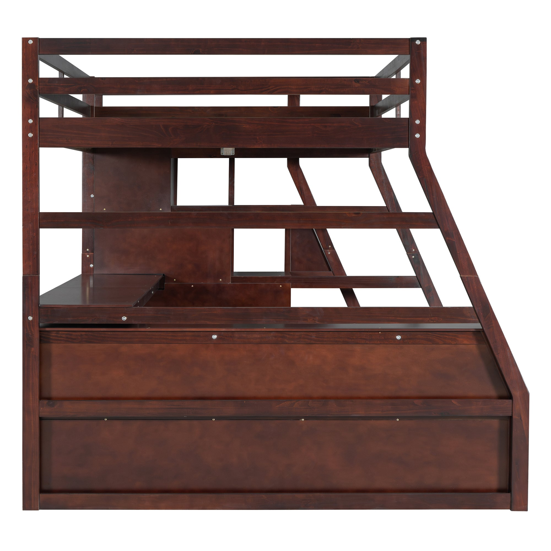Full size Start2Finish loft bed with 7 drawers, 2 shelves, and built-in desk, featuring ample storage and workspace.