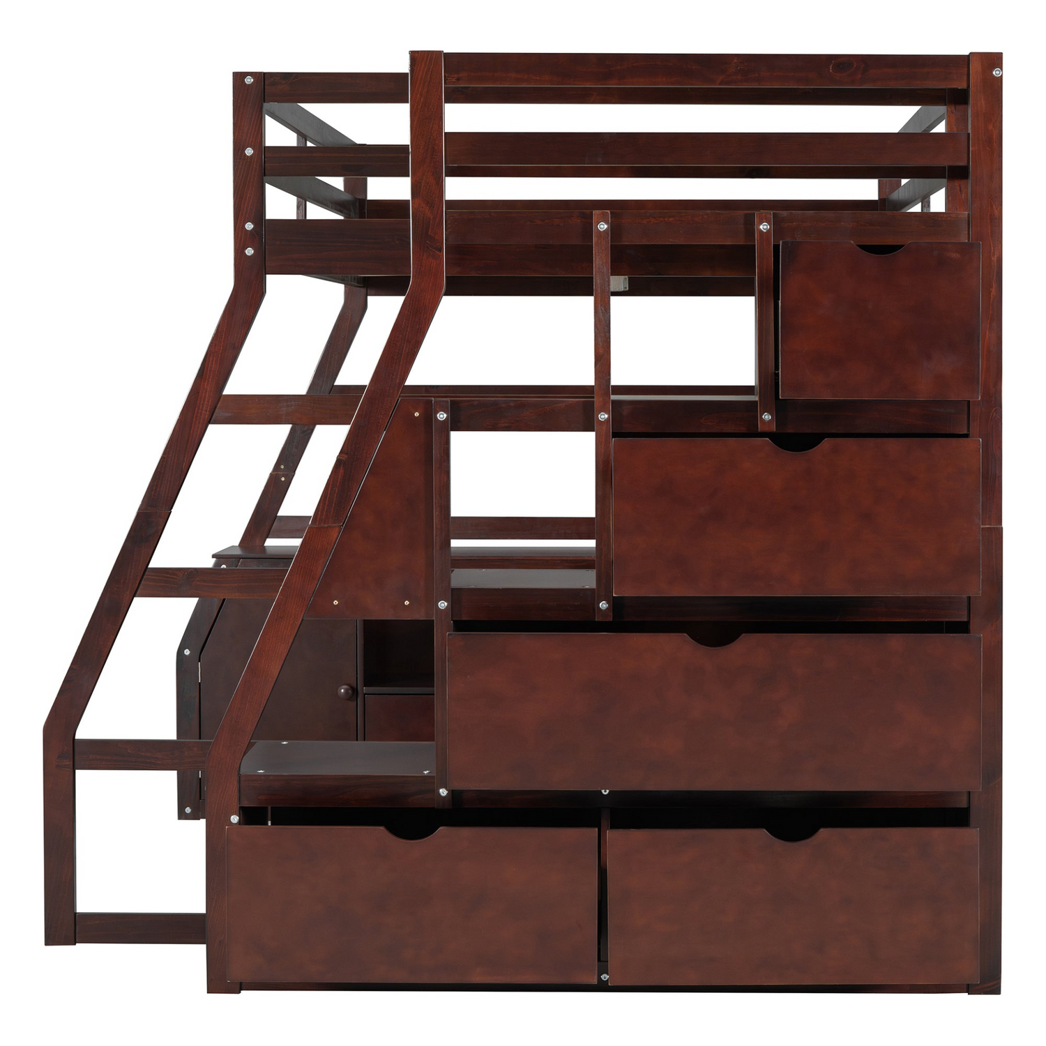 Start2Finish full size loft bed with 7 drawers, 2 shelves, and built-in desk for office and storage space.