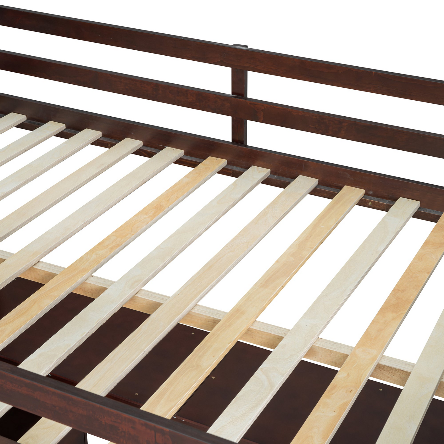 Full size loft bed by Start2Finish with 7 drawers, 2 shelves, and built-in desk with storage, shown in a modern bedroom setting.
