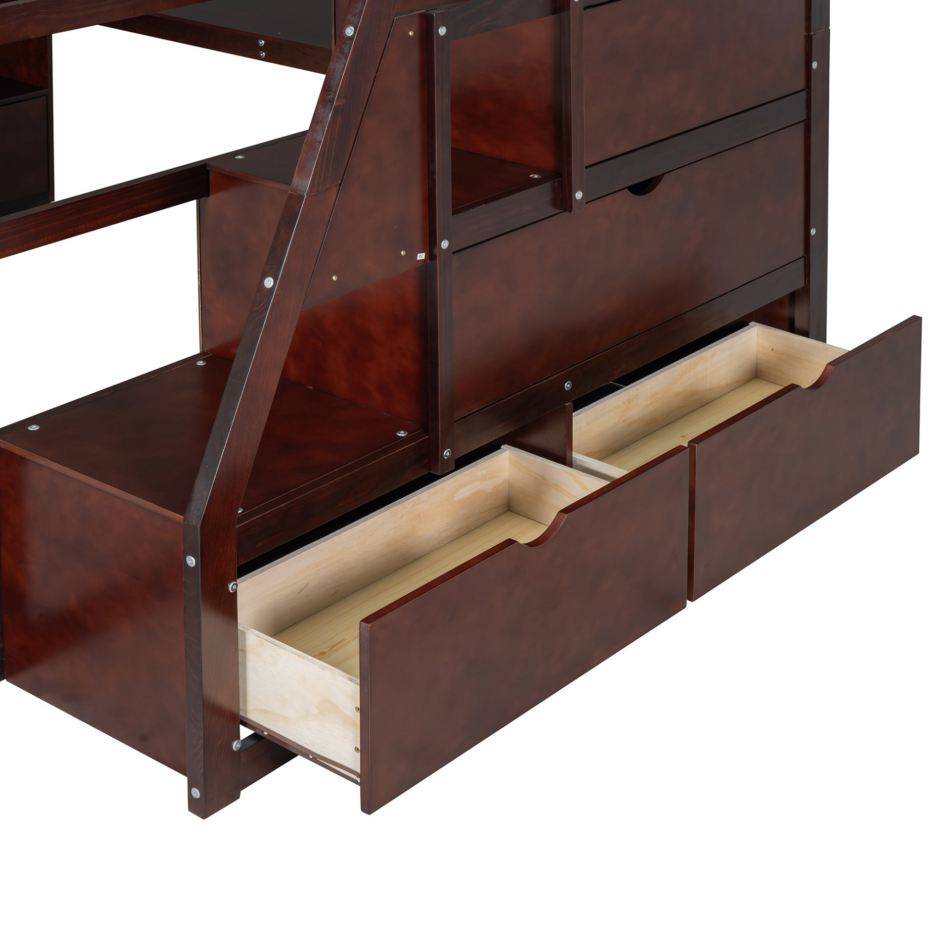 Full size loft bed by Start2Finish with built-in desk, 7 drawers, and 2 shelves, showcasing a modern bedroom furniture setup.