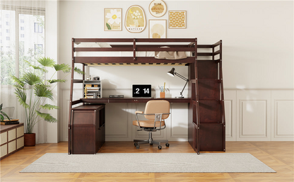 Full size Loft Bed by Start2Finish with 7 drawers, 2 shelves, and built-in desk offering ample storage and workspace.