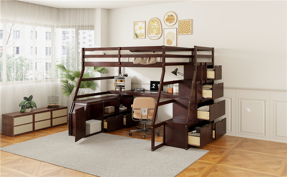 Start2Finish full size loft bed with 7 drawers, 2 shelves, and a built-in desk offering ample storage and workspace.