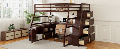 Full size loft bed by Start2Finish with 7 drawers, 2 shelves, and built-in desk showcasing ample storage and workspace.