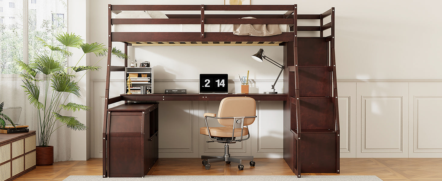 Start2Finish full size loft bed with built-in desk, 7 drawers, and 2 shelves for efficient bedroom storage and space-saving design.