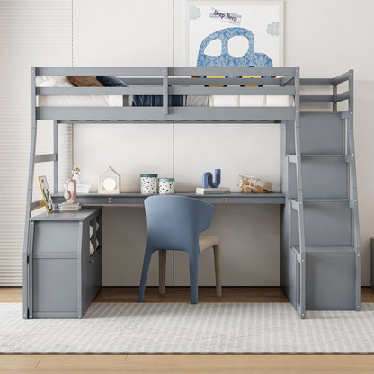 Full size loft bed from Start2Finish with 7 drawers, 2 shelves, and built-in desk offering ample storage and workspace.