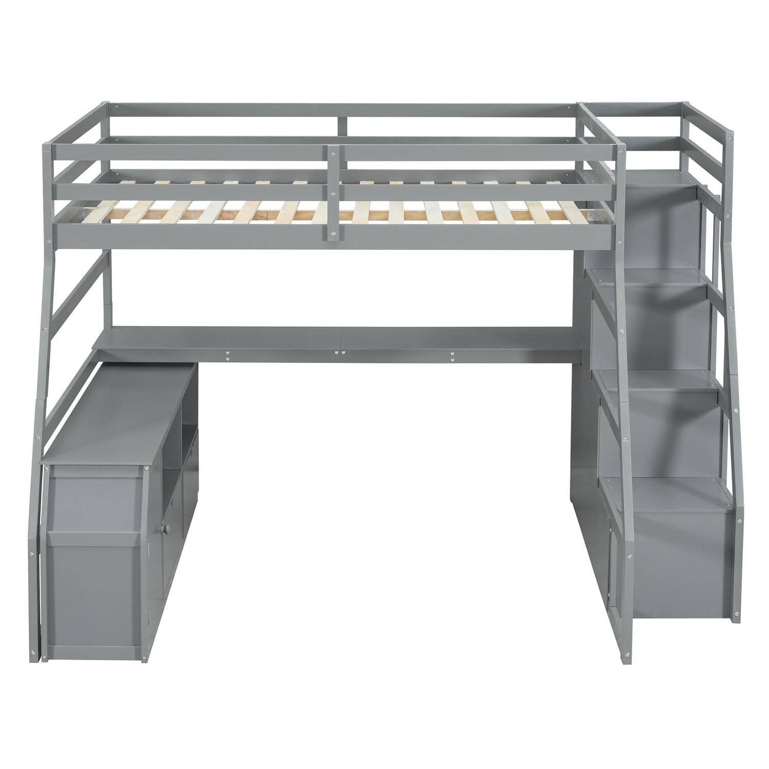 Full size loft bed by Start2Finish with 7 drawers, 2 shelves, and built-in desk with storage space, shown with mattress and bedding.