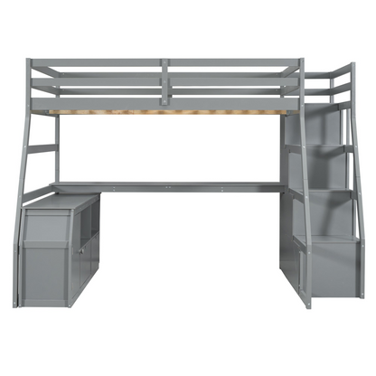 Start2Finish full size loft bed with 7 drawers, 2 shelves, and built-in desk, featuring ample storage and workspace in a compact design.