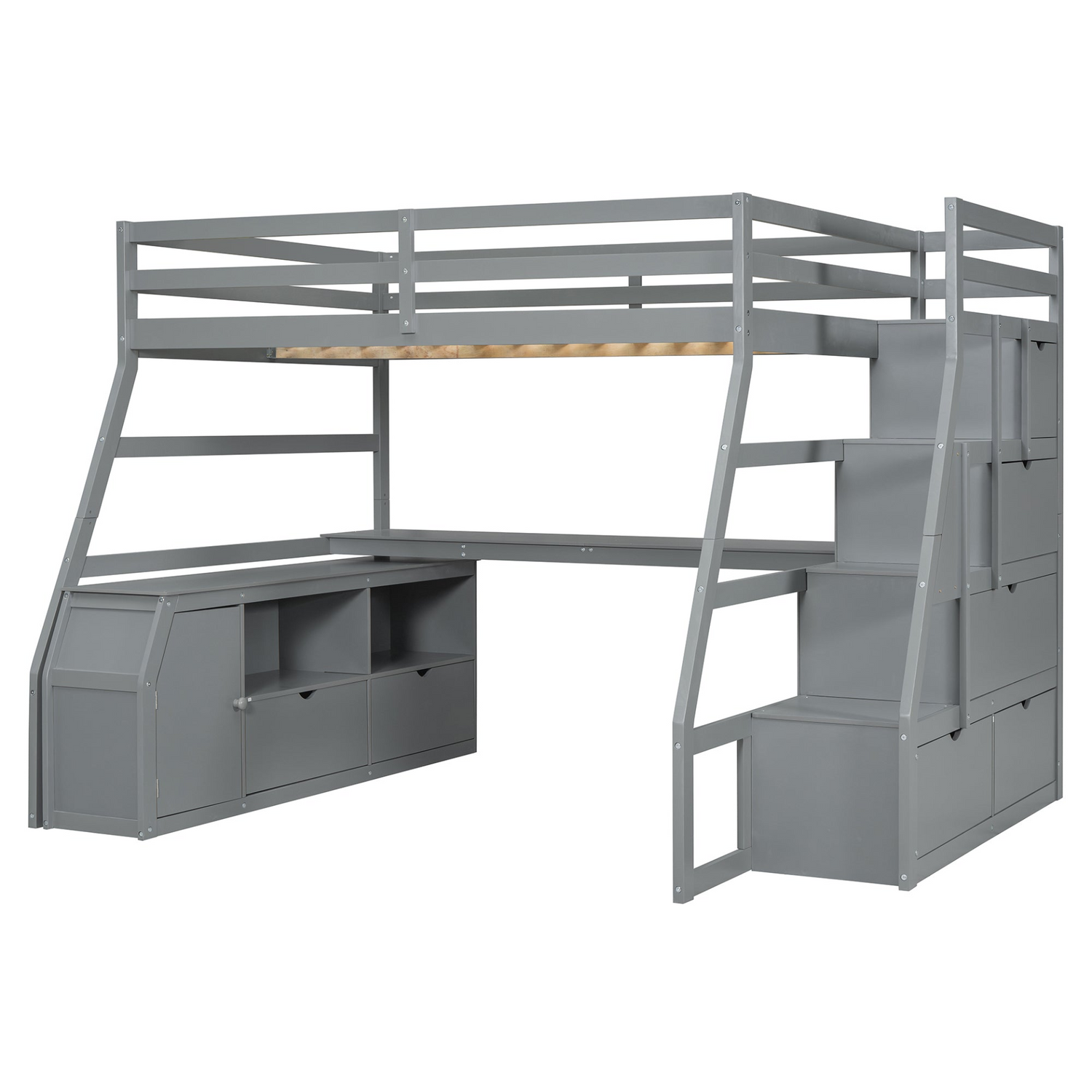 Start2Finish full size loft bed with 7 drawers, 2 shelves, and built-in desk, showcasing ample storage and workspace.