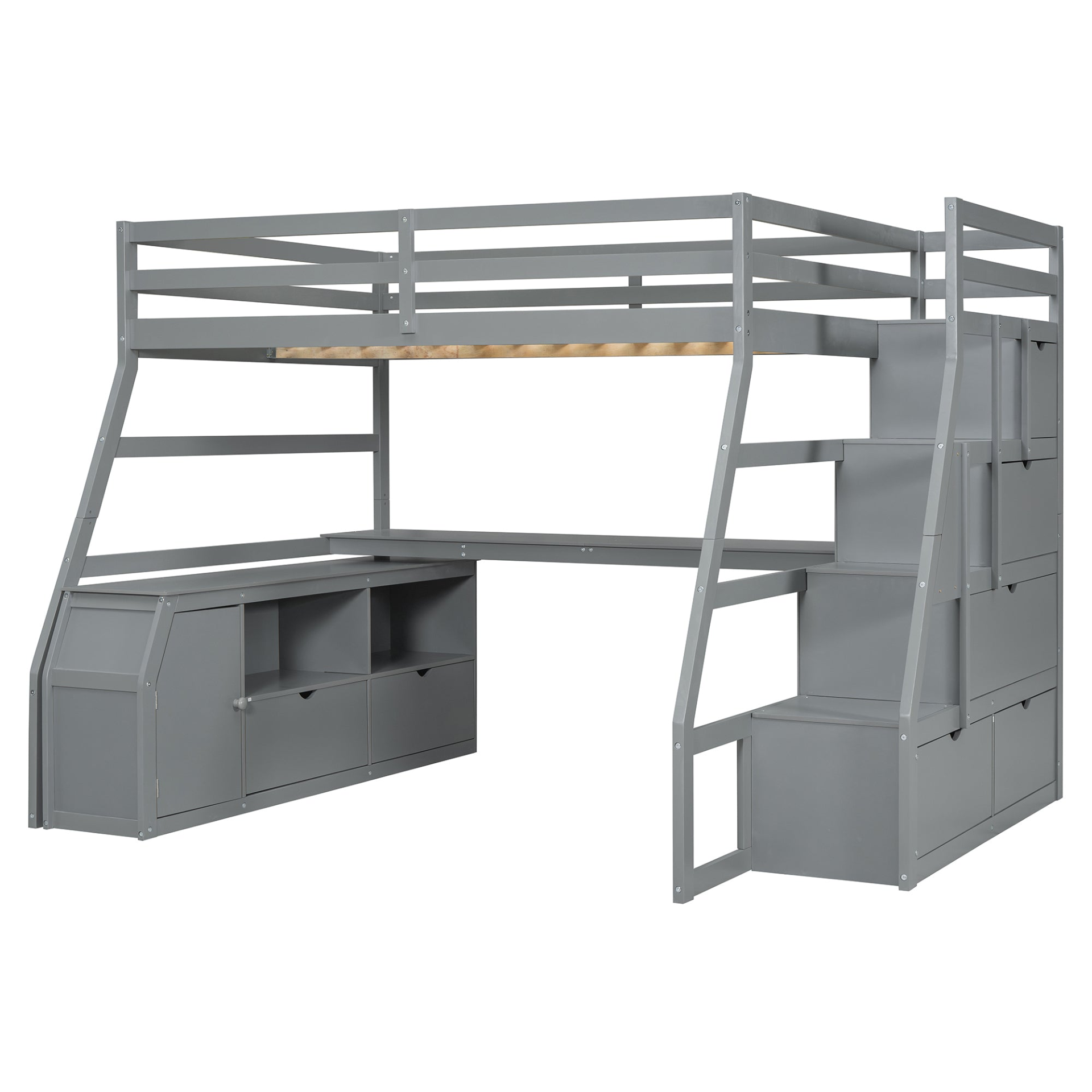 Start2Finish full size loft bed with 7 drawers, 2 shelves, and built-in desk, showcasing ample storage and workspace.
