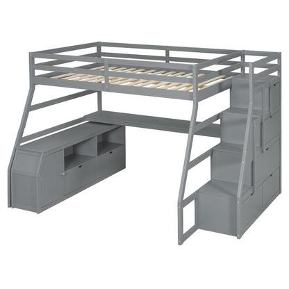 Start2Finish full size loft bed with 7 drawers, 2 shelves, and built-in desk, showcasing ample storage and workspace.