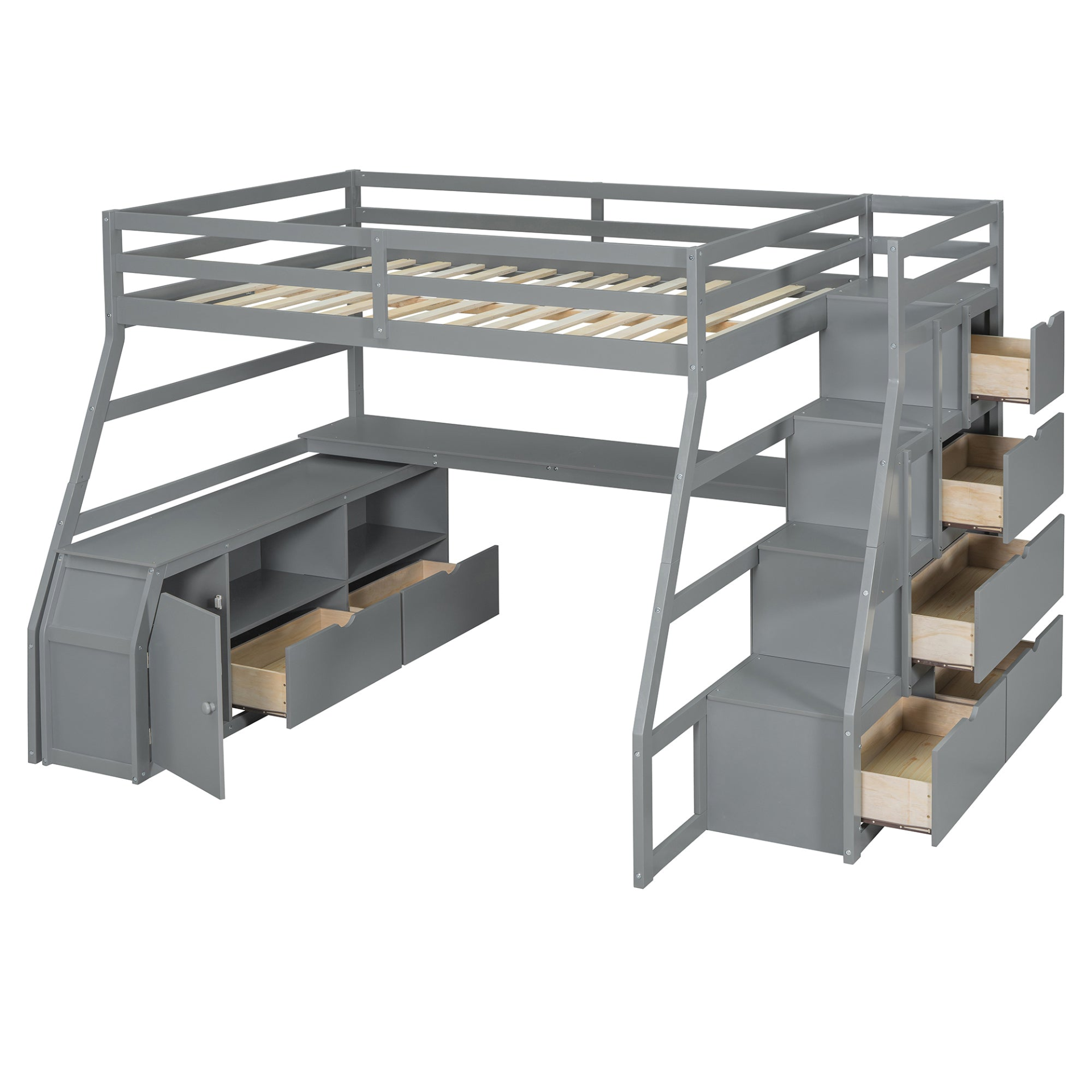 Start2Finish full size loft bed with built-in desk, 7 drawers, and 2 shelves showing the bed frame, storage drawers, and workspace.