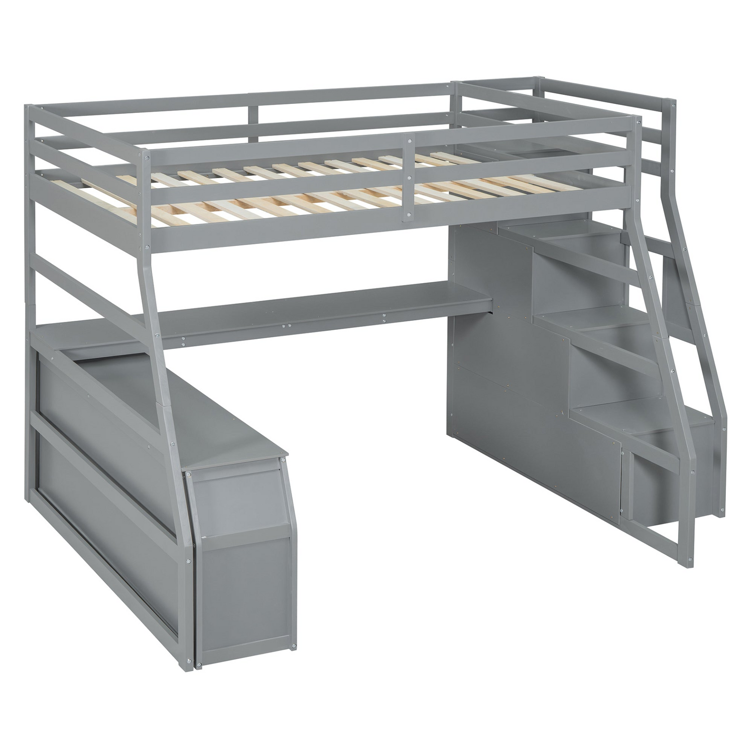 Full size loft bed by Start2Finish with 7 drawers, 2 shelves, and built-in desk featuring ample storage and workspace.