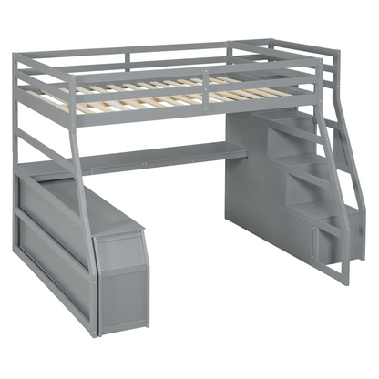 Full size loft bed by Start2Finish with 7 drawers, 2 shelves, and built-in desk featuring ample storage and workspace.