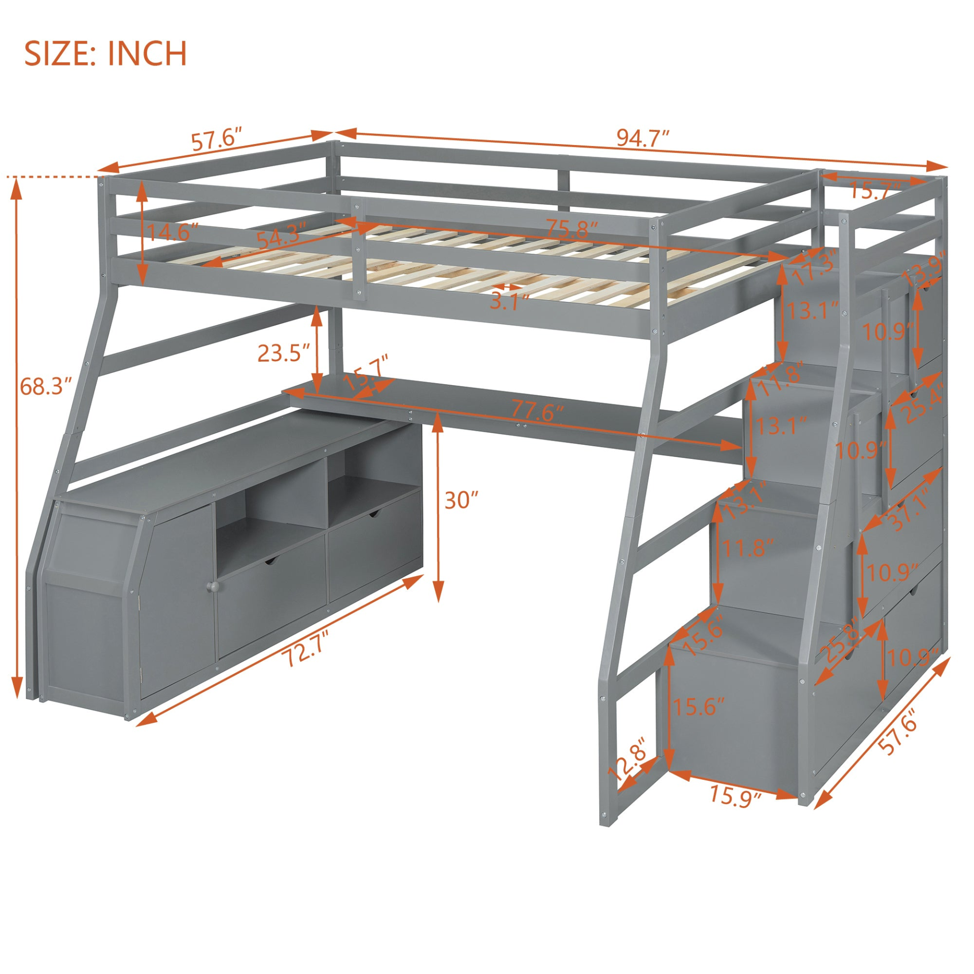 Start2Finish full size loft bed with built-in desk, 7 drawers, and 2 shelves, showcasing a modern space-saving design.