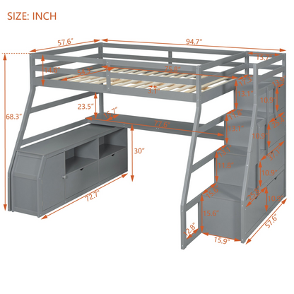 Start2Finish full size loft bed with built-in desk, 7 drawers, and 2 shelves, showcasing a modern space-saving design.