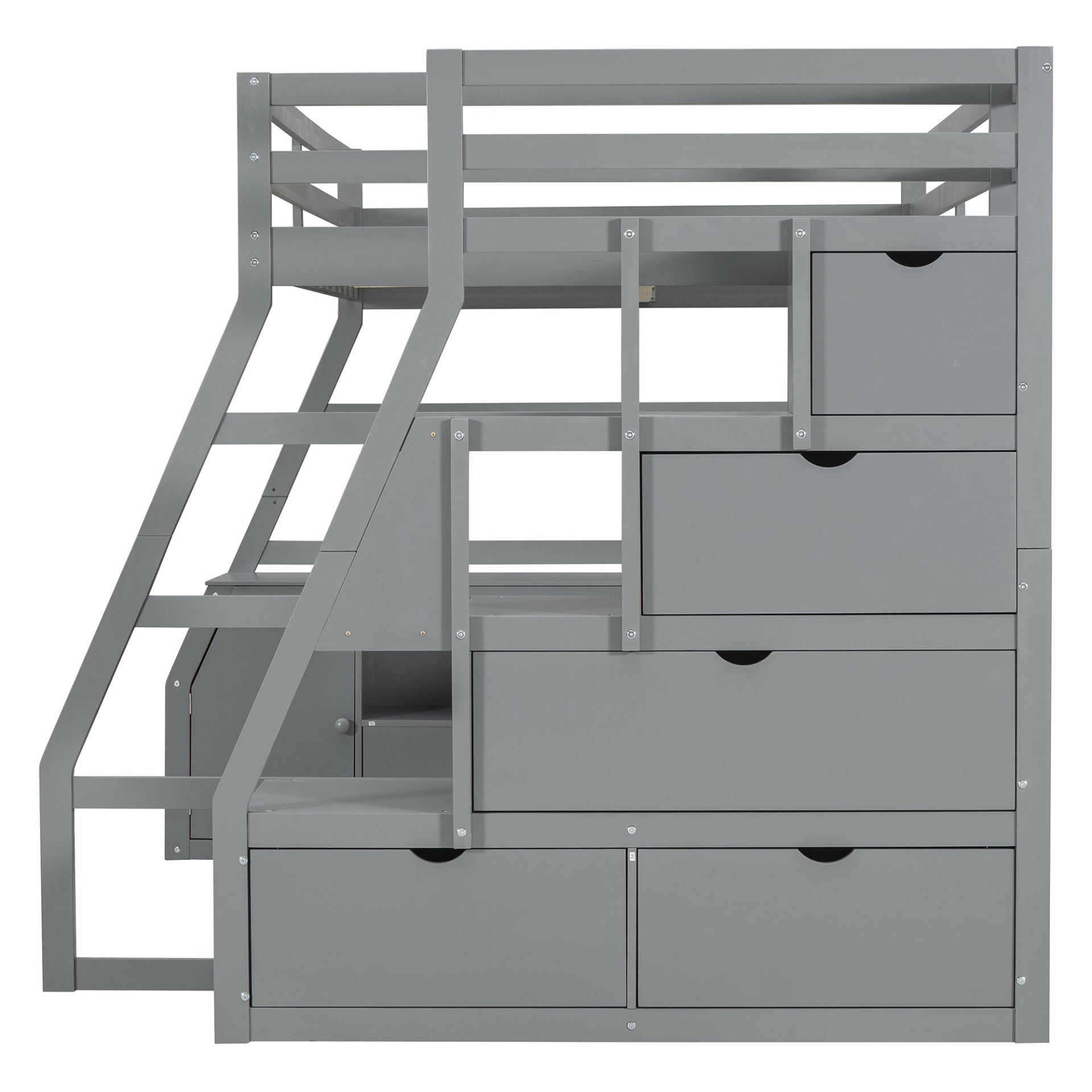 Full size Start2Finish loft bed with built-in desk, 7 drawers, and 2 shelves, showcasing a modern bedroom furniture setup