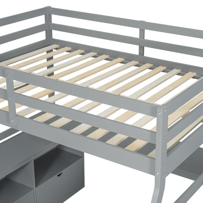 Start2Finish full size loft bed with built-in desk, 7 drawers, and 2 shelves, showcasing a modern bedroom furniture setup.