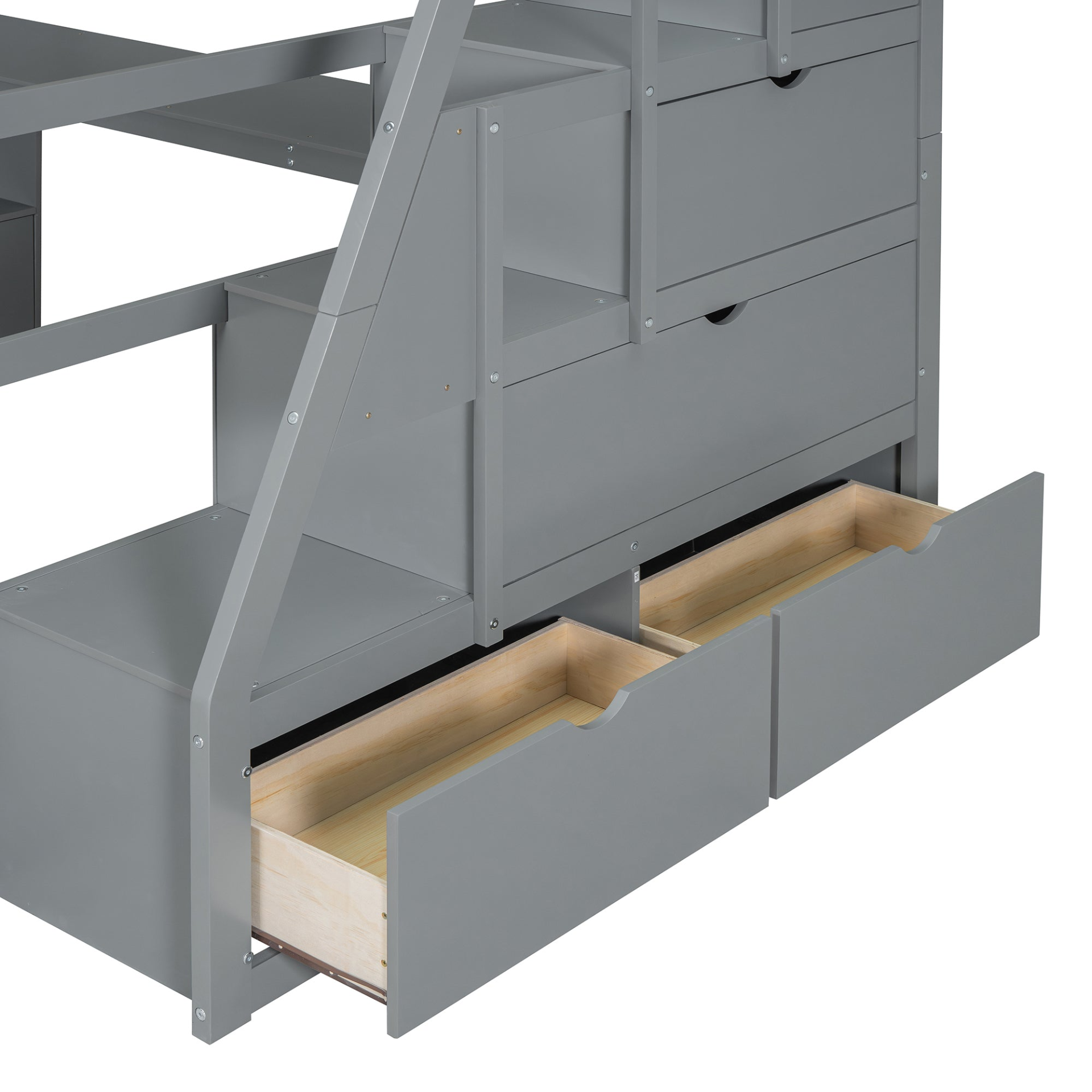 Full size Start2Finish loft bed with built-in desk, 7 drawers, and 2 shelves offering ample storage and workspace.