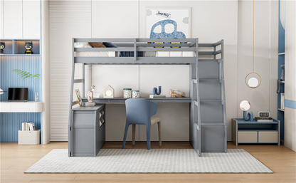 Start2Finish full size loft bed with 7 drawers, 2 shelves, and built-in desk with storage in a modern bedroom setup