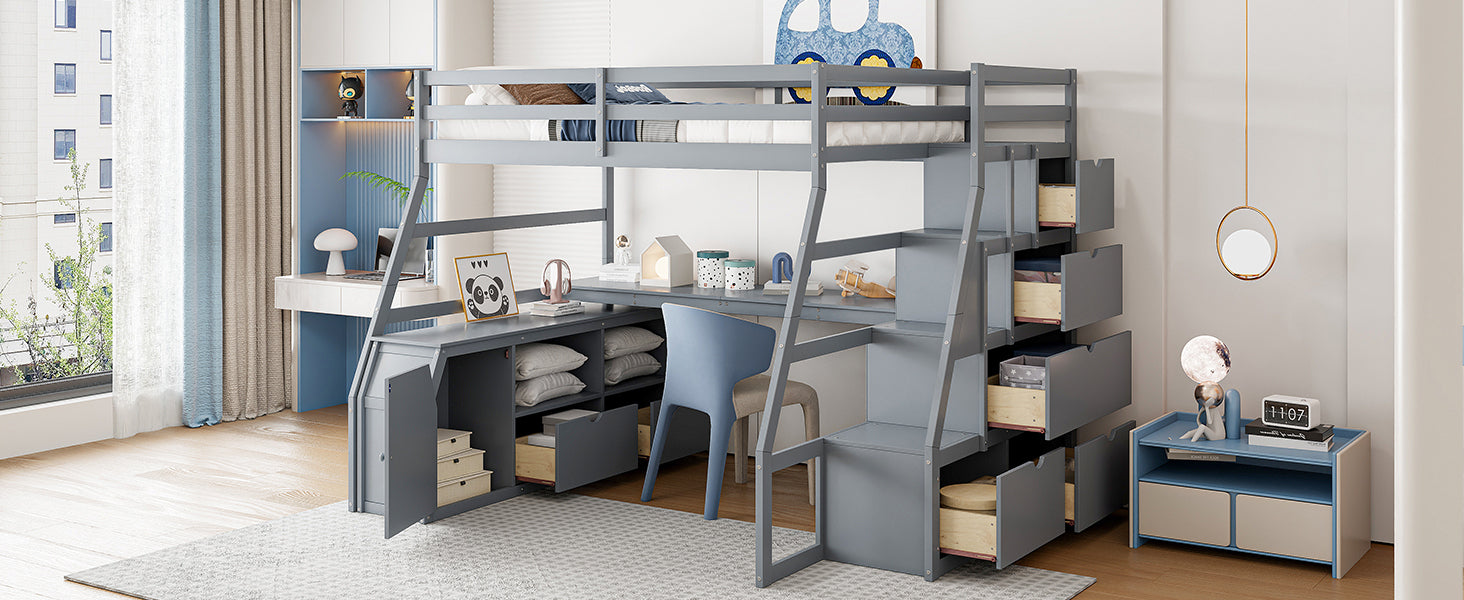 Start2Finish full size loft bed with 7 drawers, 2 shelves, and built-in desk with storage in a modern bedroom setting.