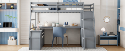 Start2Finish full size loft bed with built-in desk, 7 drawers, and 2 shelves, showcasing its stylish wooden design and storage features.