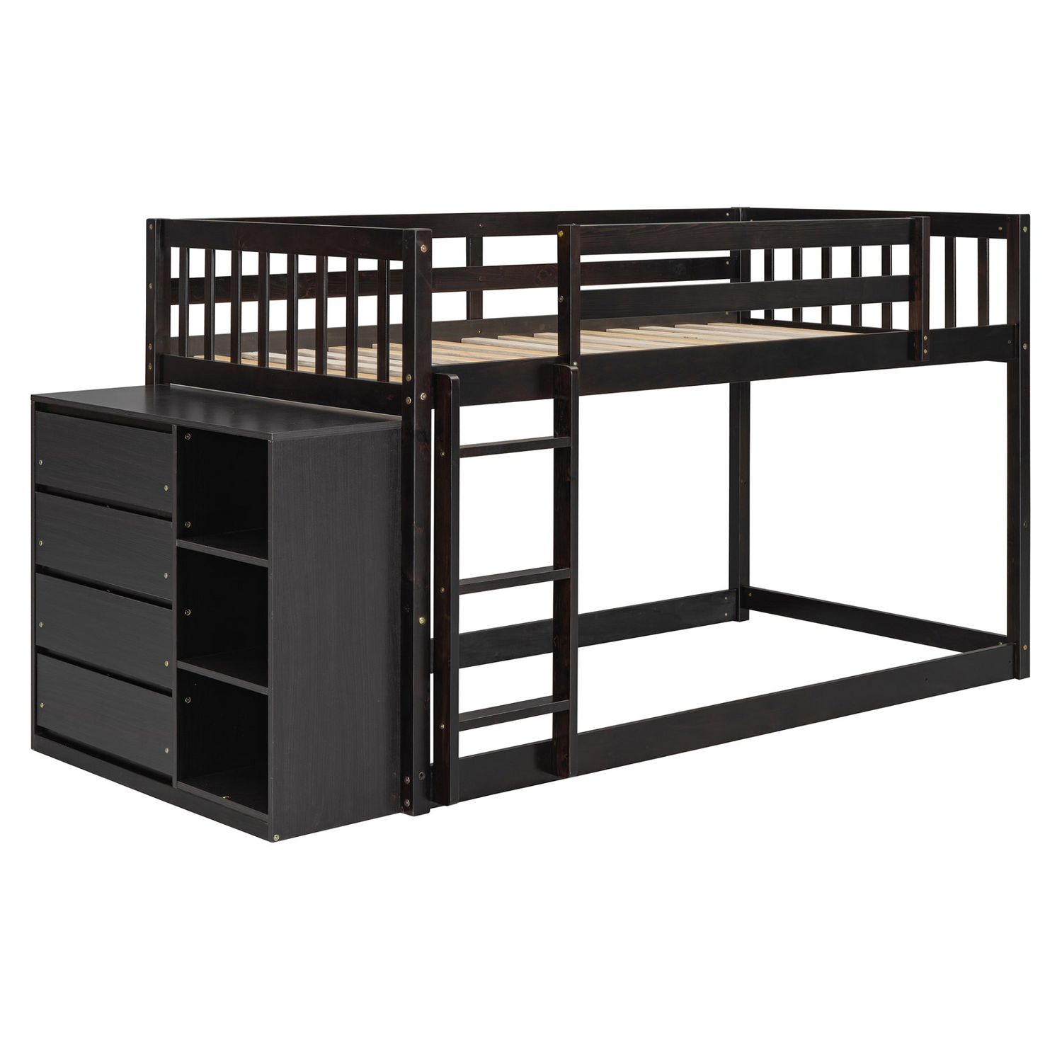 Solid wood twin over twin bunk bed with four drawers and three shelves, featuring a sturdy frame and ample storage.