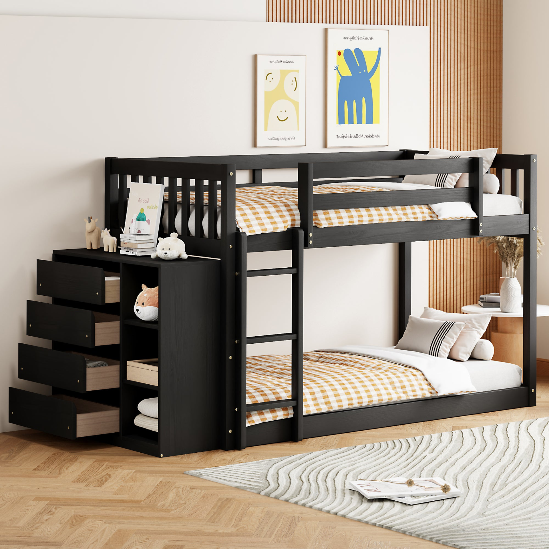 Start2Finish twin over twin bunk bed with solid wood frame, four storage drawers and three shelves, showcasing a sturdy furniture design.