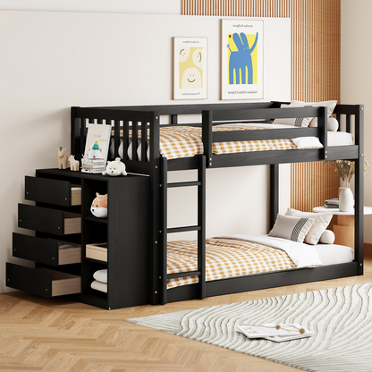 Start2Finish twin over twin bunk bed with solid wood frame, four storage drawers and three shelves, showcasing a sturdy furniture design.