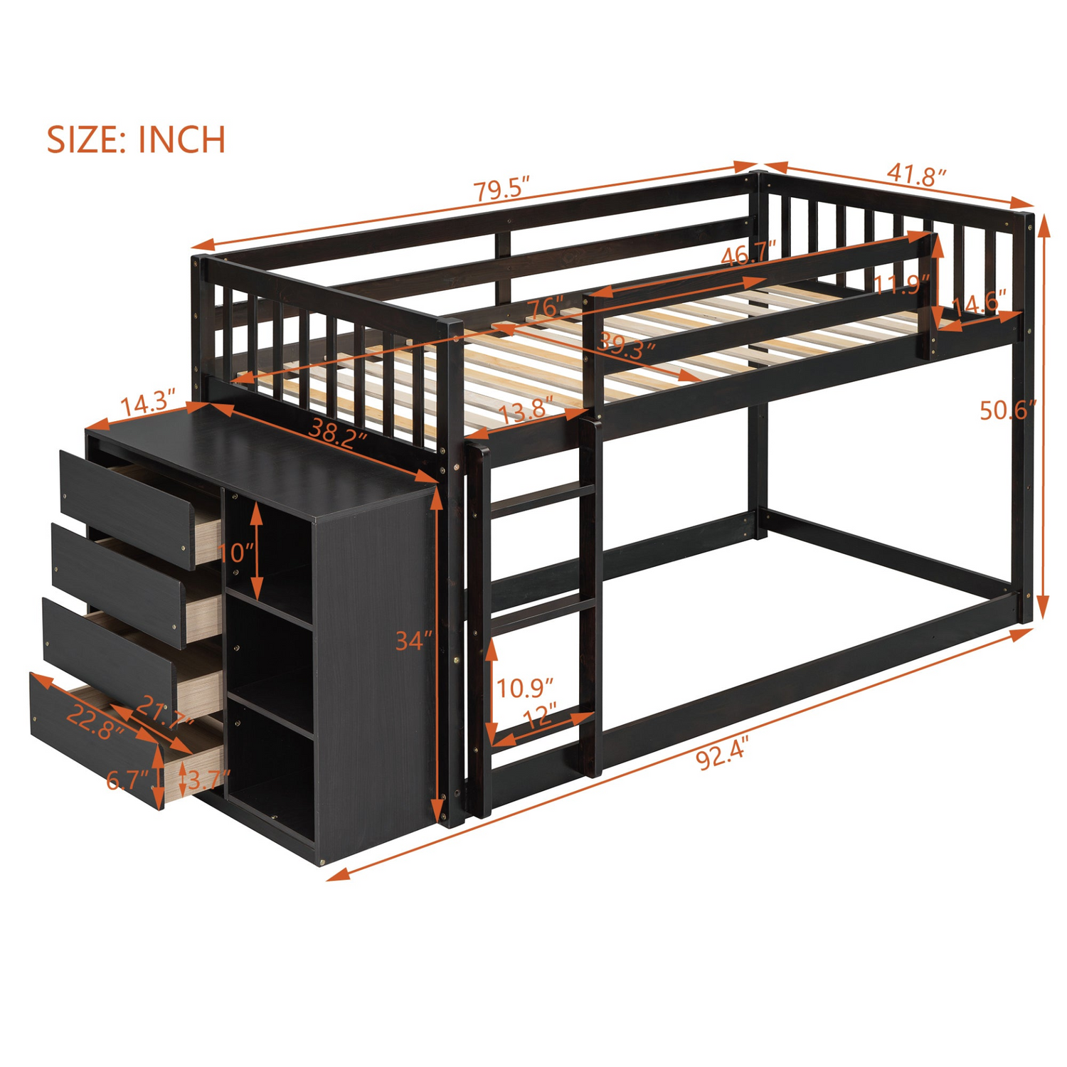 Solid wood twin over twin bunk bed with four drawers and three shelves, featuring a sturdy Start2Finish furniture frame.