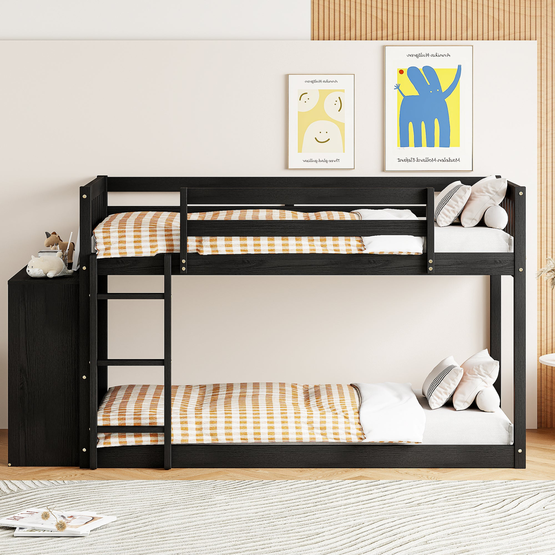 Start2Finish twin over twin bunk bed with solid wood frame, featuring four drawers and three shelves for storage.