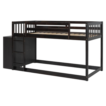 Start2Finish twin over twin bunk bed with solid wood frame, four drawers and three shelves in a modern furniture design.