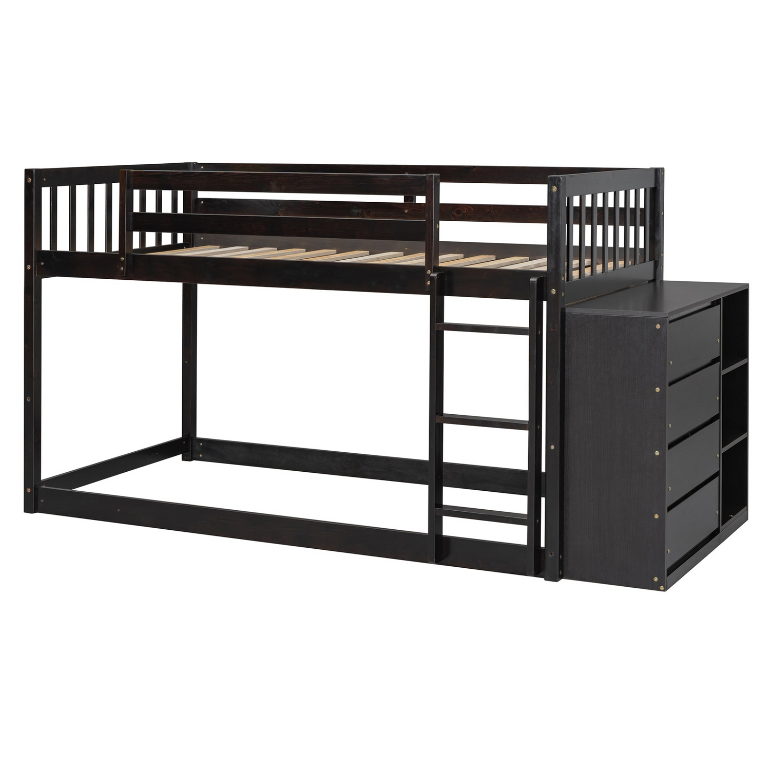 Start2Finish twin over twin bunk bed with solid wood frame, 4 drawers, and 3 shelves for versatile children&