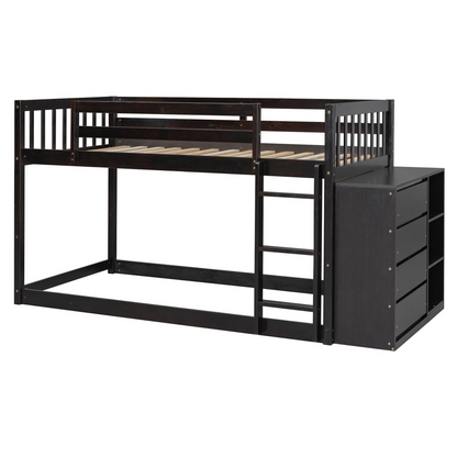 Start2Finish twin over twin bunk bed with solid wood frame, 4 drawers, and 3 shelves for versatile children&