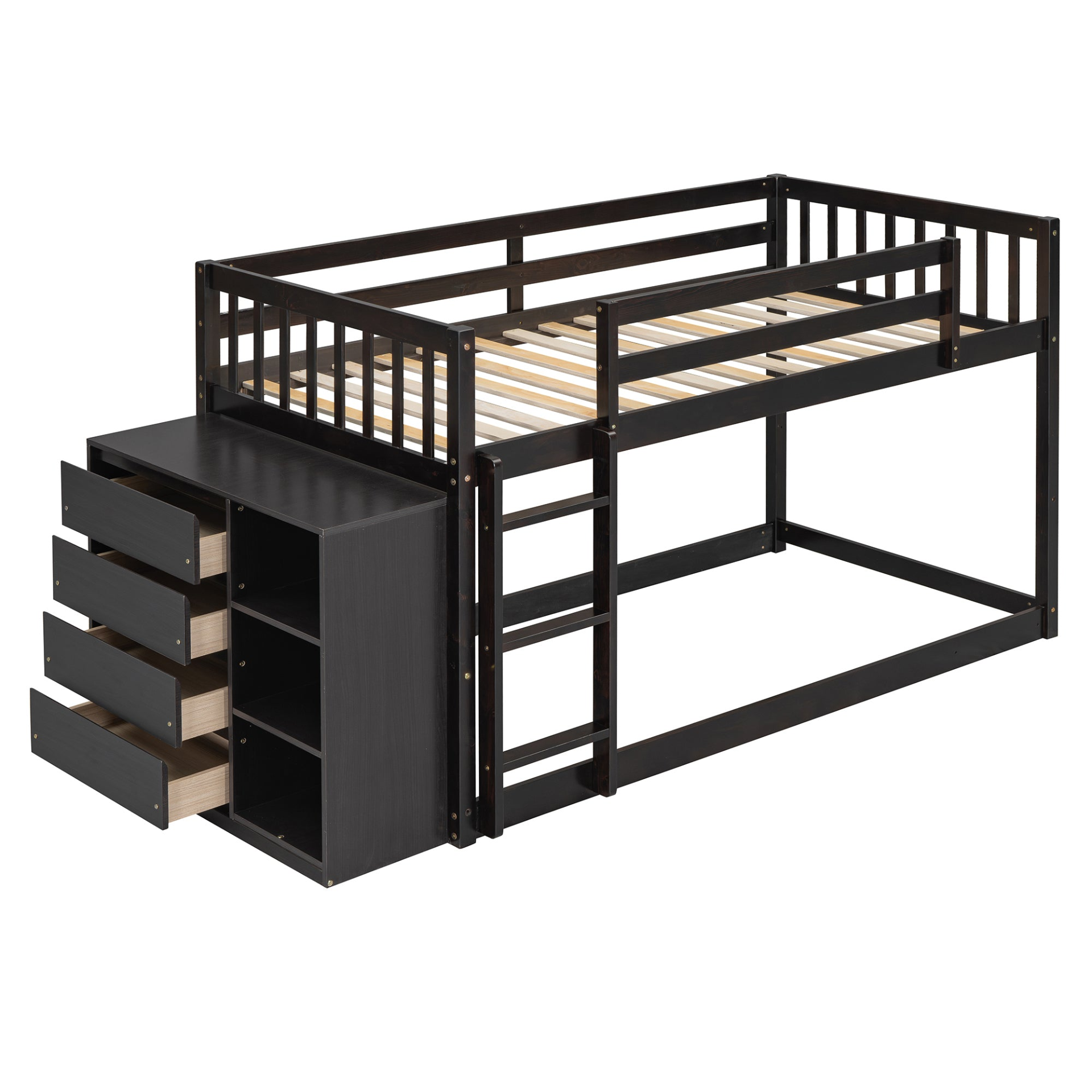 Start2Finish twin over twin bunk bed with solid wood frame, four drawers, and three shelves for bedroom storage.