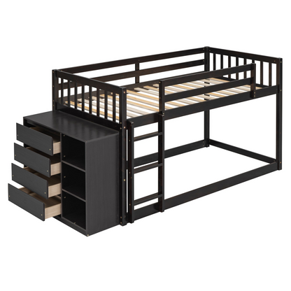Start2Finish twin over twin bunk bed with solid wood frame, four drawers, and three shelves for bedroom storage.